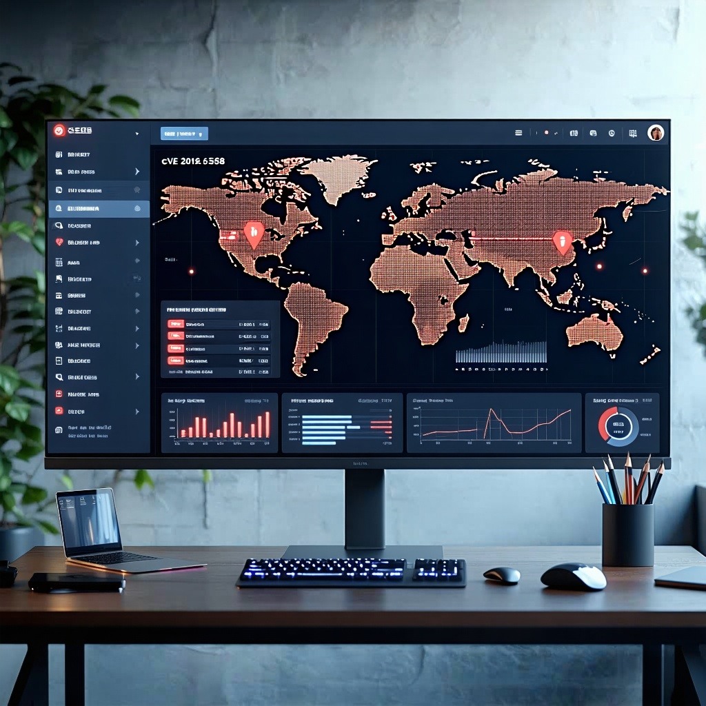The image depicts a sleek modern cybersecurity dashboard displayed on a large monitor The screen showcases a darkthemed user interface filled with graphs charts and realtime statistics Prominently featured is a line graph indicating a spike in threat